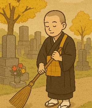 お墓を清掃する僧侶